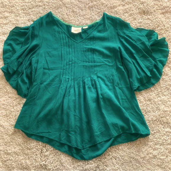 Anthropologie Maeve Green Flutter Sleeve Top - Picture 1 of 5